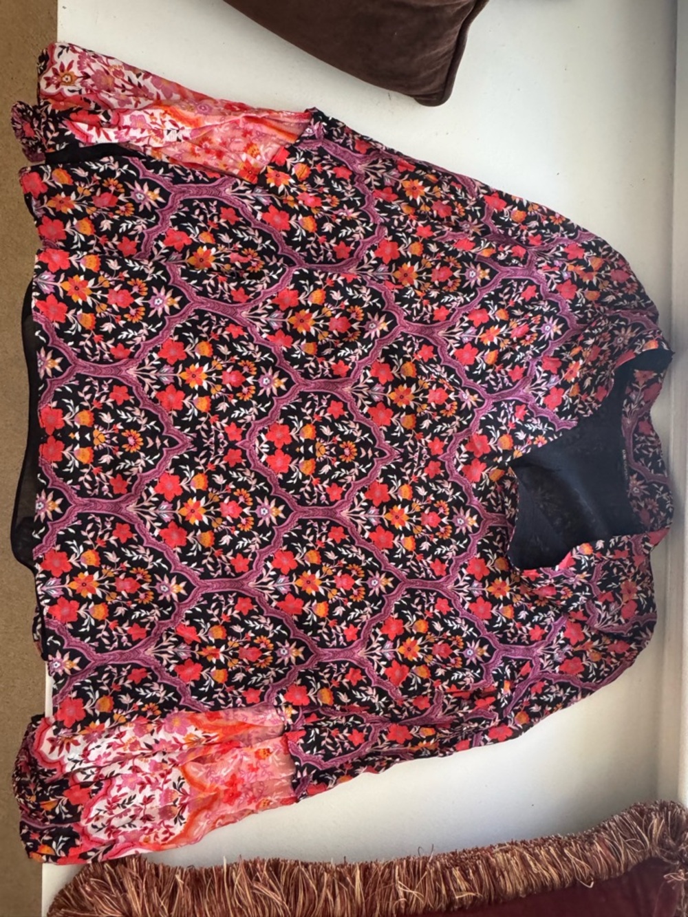 Kobi Halperin Floral Silk Blouse XL Boho Chic Sheer Sleeve Top